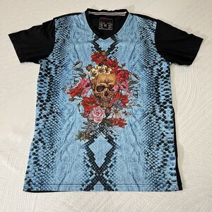 XIOS skull Foral Print Blue Black T Shirt Sz M Gyaru Streetwear Y2K